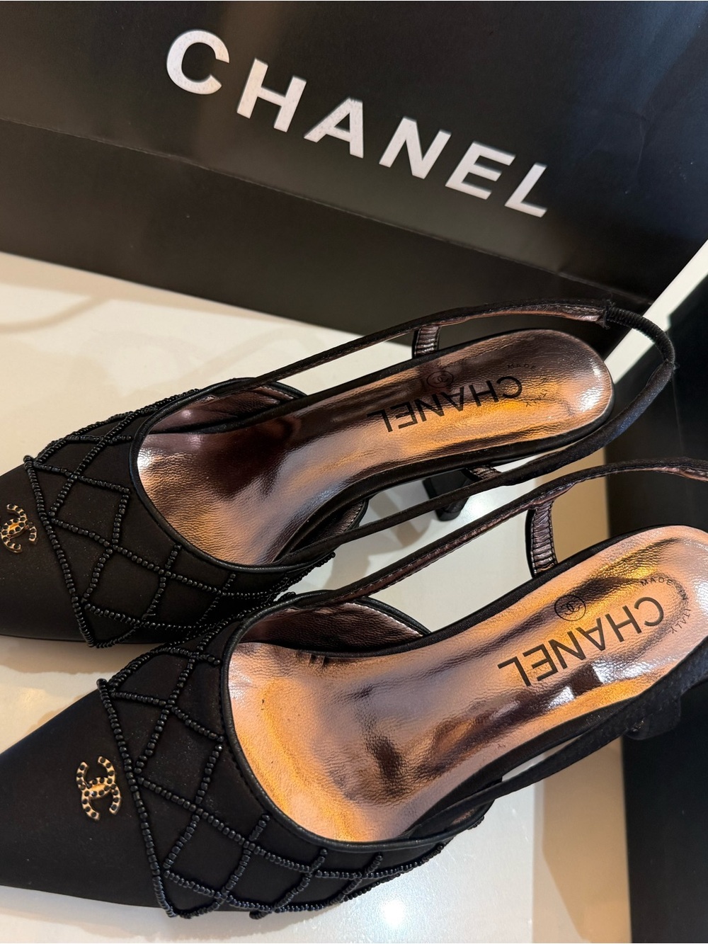 Gently Worn CHANEL Black Beaded Slingback Pointed-Toe Pumps. Vintage! - Picture 15 of 16